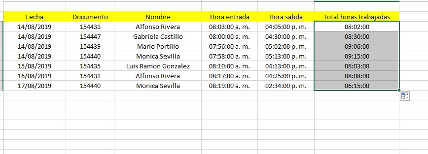 Hoja de control horario en Excel